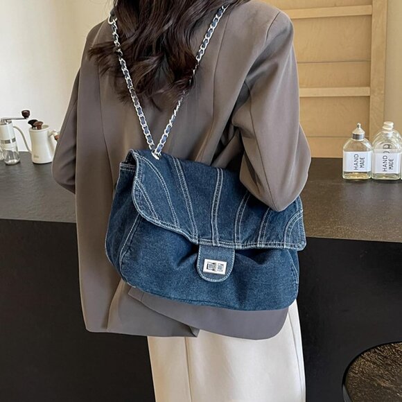 Elegant Denim Tote Bag for Women - Chic Crossbody with Organized Storage - Picture 2 of 6